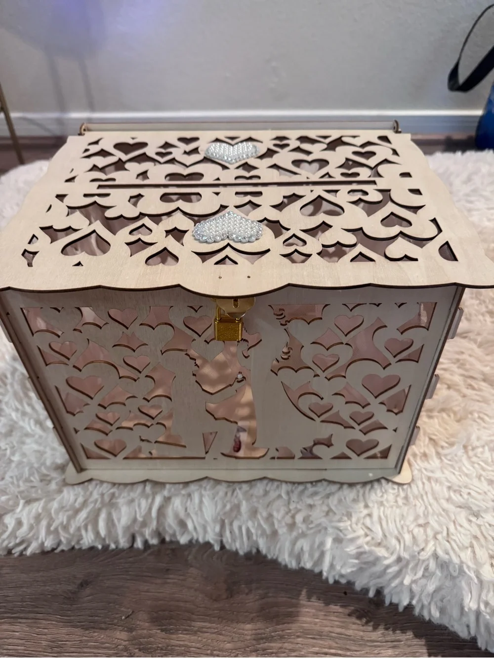 Laser-Cut Heart Keepsake Box in Light Beige with Pearl Accents